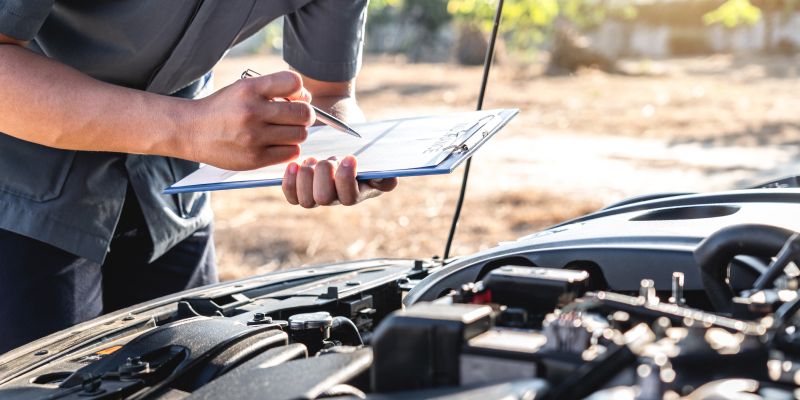 Ein Mann kontrolliert einen Automotor und schreibt etwas auf